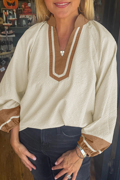 Jet Stream Color Block Patchwork Detail V Neck Textured Long Sleeve Blouse