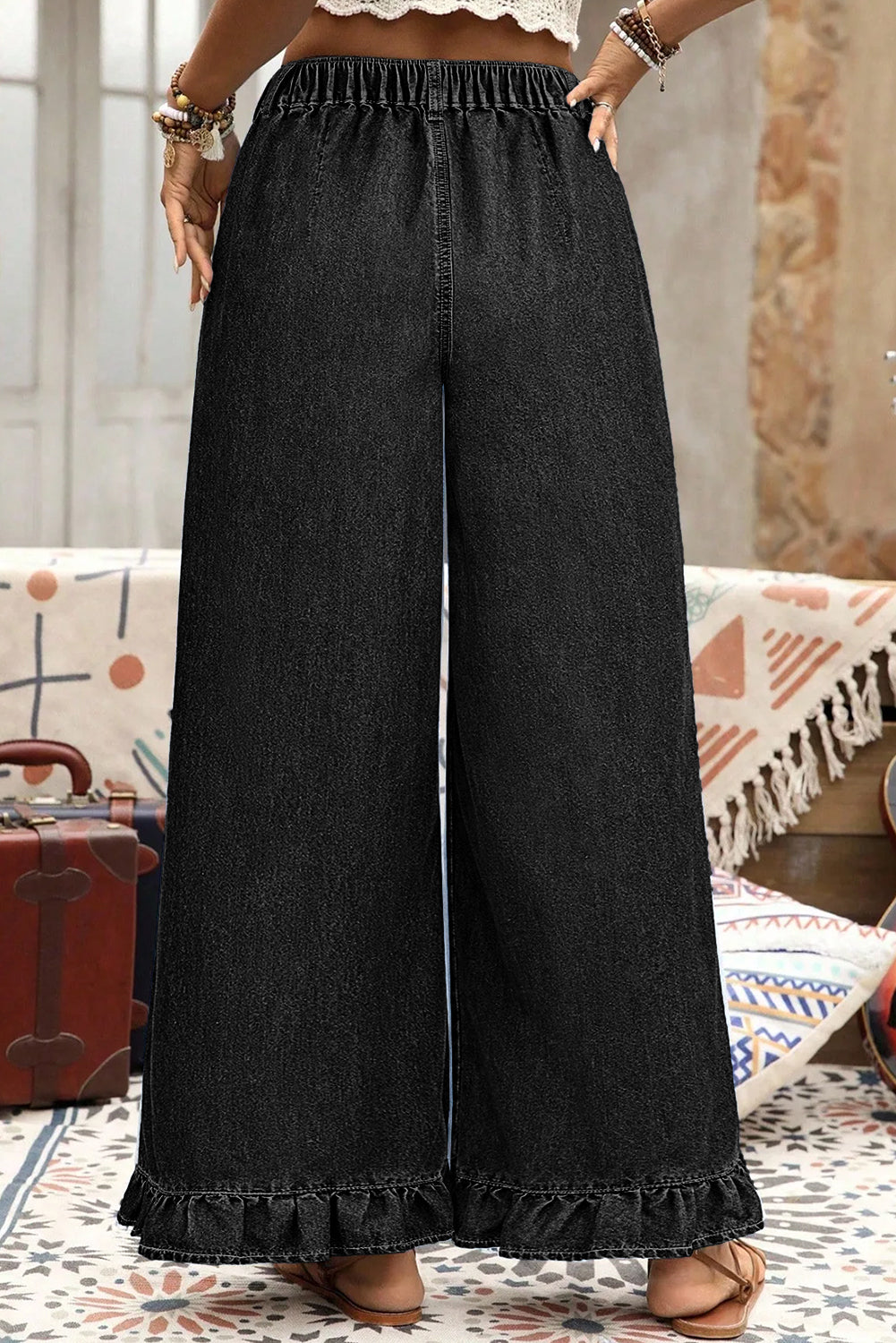 Sail Blue Plus Size Elastic Waist Ruffled Wide Leg Denim Pants
