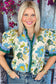 Sky Blue Plus Size Frilled V Neck Short Sleeve Floral Blouse