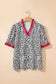Pink Stripe Ruffled Trim V Neck Leopard Print Short Sleeve Blouse