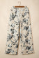 Beige Retro Floral Print Turn-up Cuffed Hem Loose Jeans