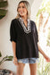 Black Dolman Half Sleeve Leopard Patchwork Trim V Neck Blouse