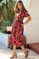 Green Floral Print Striped Trim Split Neck Short Puff Sleeve Ruffle Hem Maxi Dress