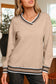 Navy Blue Varsity Contrast Striped Trim V Neck Sweatshirt
