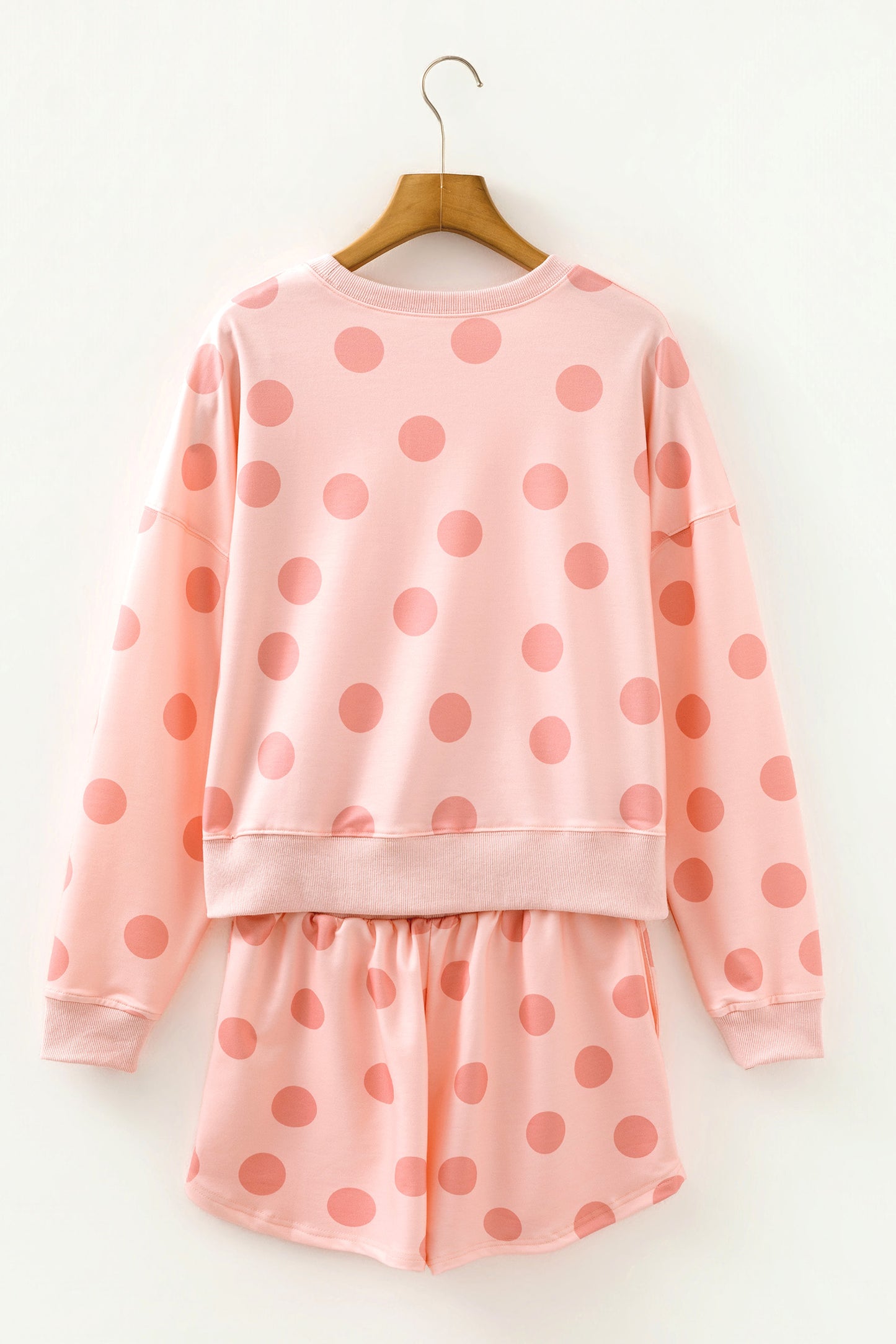 Sky Blue Polka Dot Print Drop Shoulder Pullover Drawstring Shorts Set