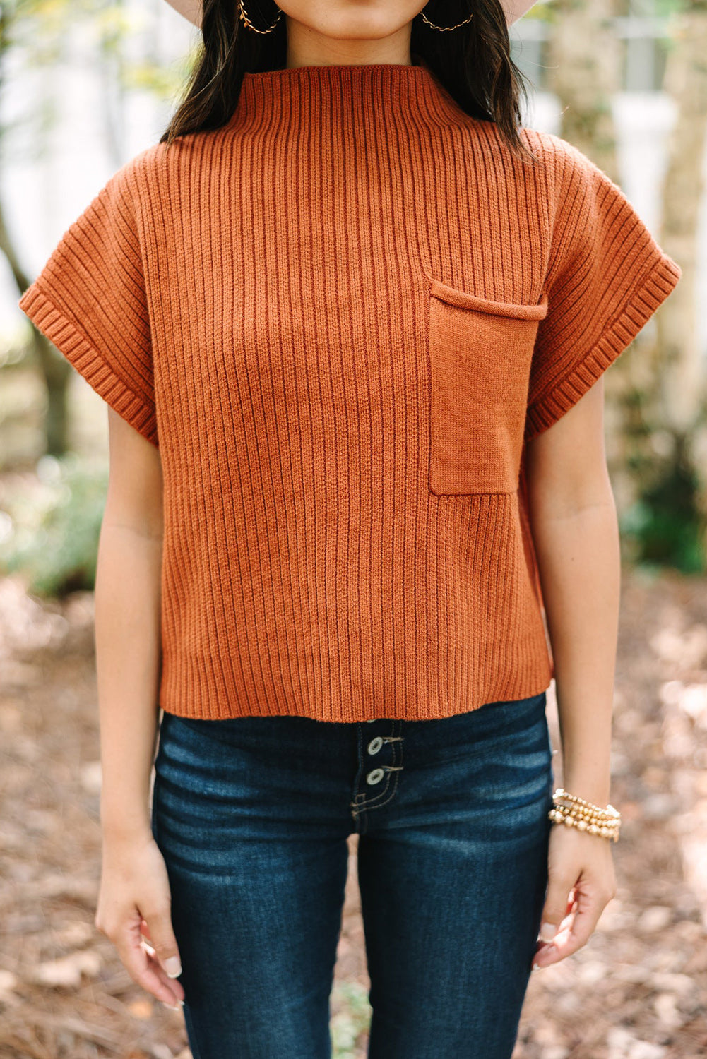 Dark Blue Patch Pocket Ribbed Knit Short Sleeve Sweater