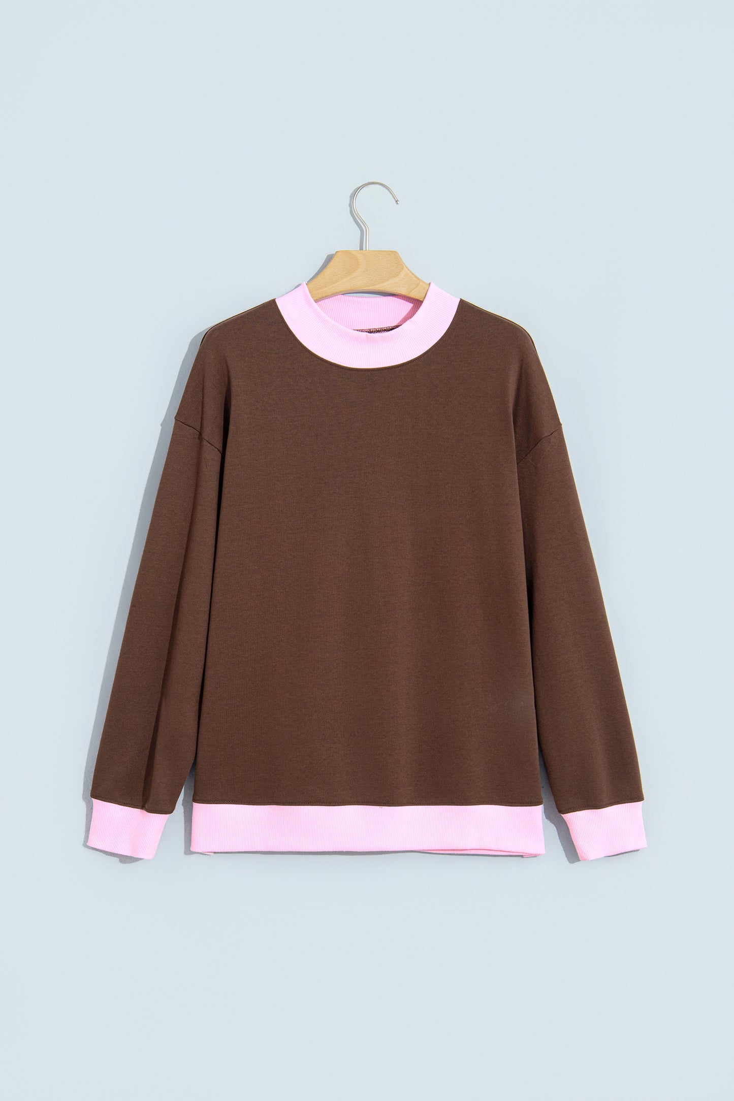 Coffee Colorblock Trim Crewneck Long Sleeve Pullover Sweatshirt