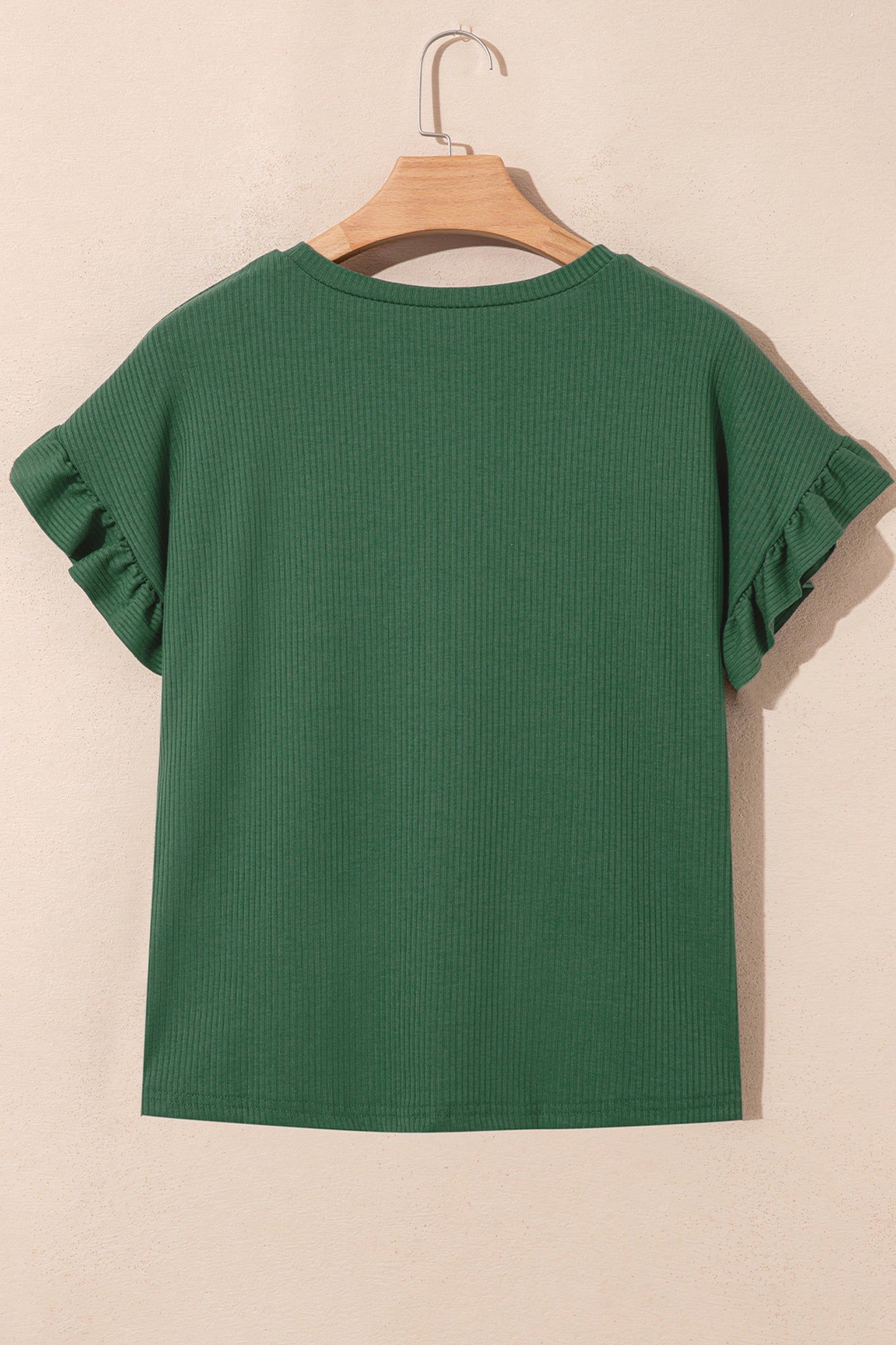 Black Solid Color Ribbed Ruffled Short Sleeve T Shirt