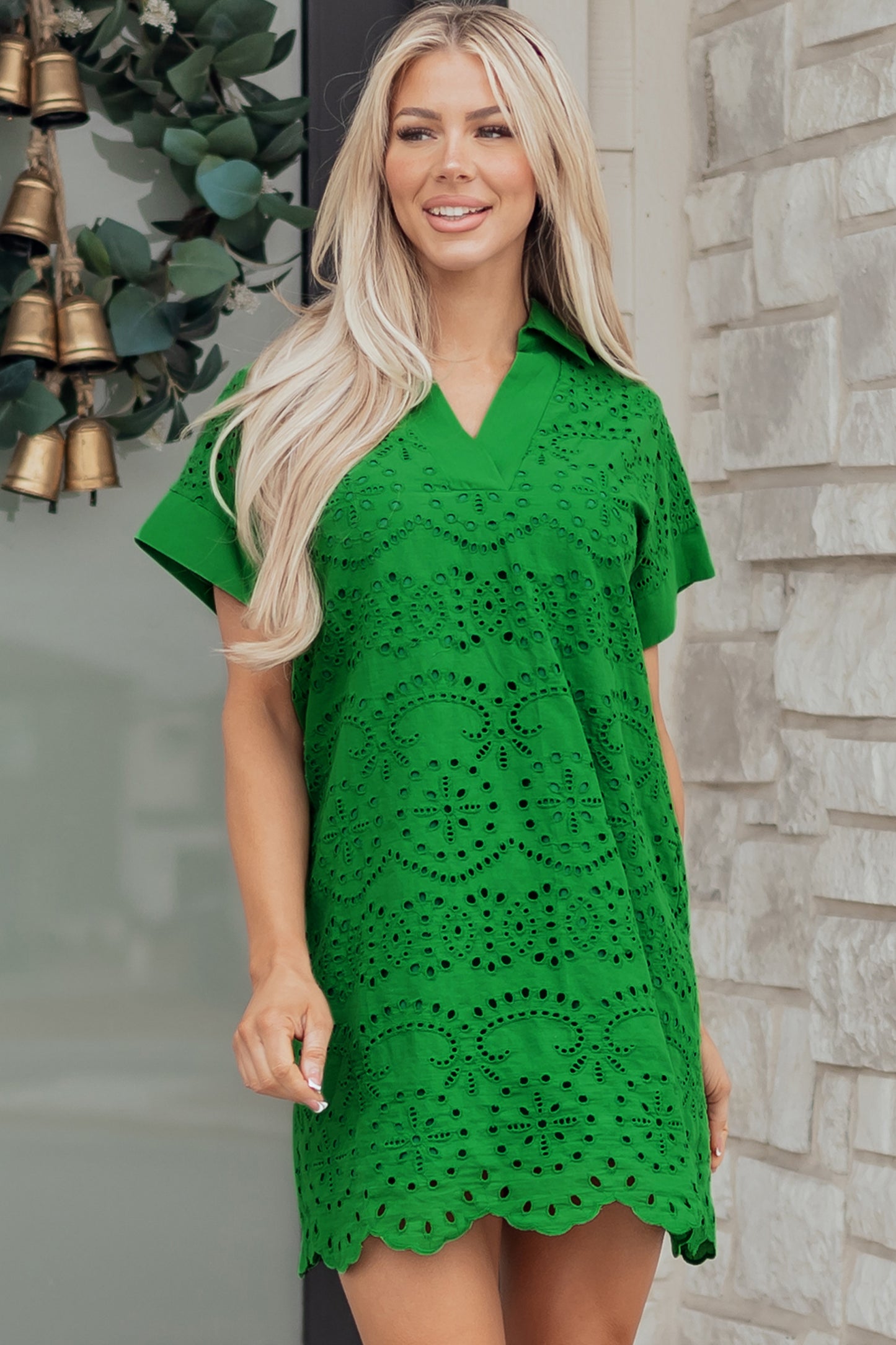 Dark Blue Solid Color Eyelet Embroidered T Shirt Mini Dress