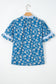 Blue Floral Print Button Tie Neck Striped Detail Short Sleeve Blouse