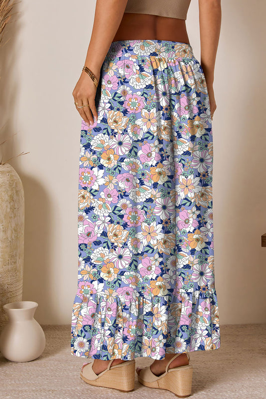 Pink Floral Print Lace-up High Waist Ruffle Hem Maxi Skirt