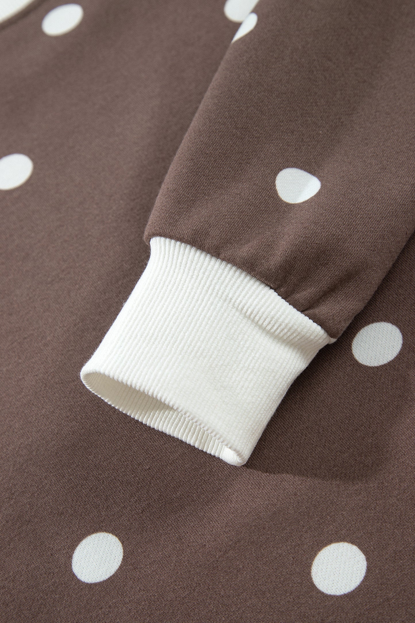 Brown Polka Dot Ribbed Trim Long Sleeve Top Casual Short Set