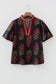 Black Floral Short Bubble Sleeve Contrast Slit Neckline Blouse