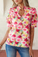 Pink Floral Frilled V Neck Puff Short Sleeve Blouse