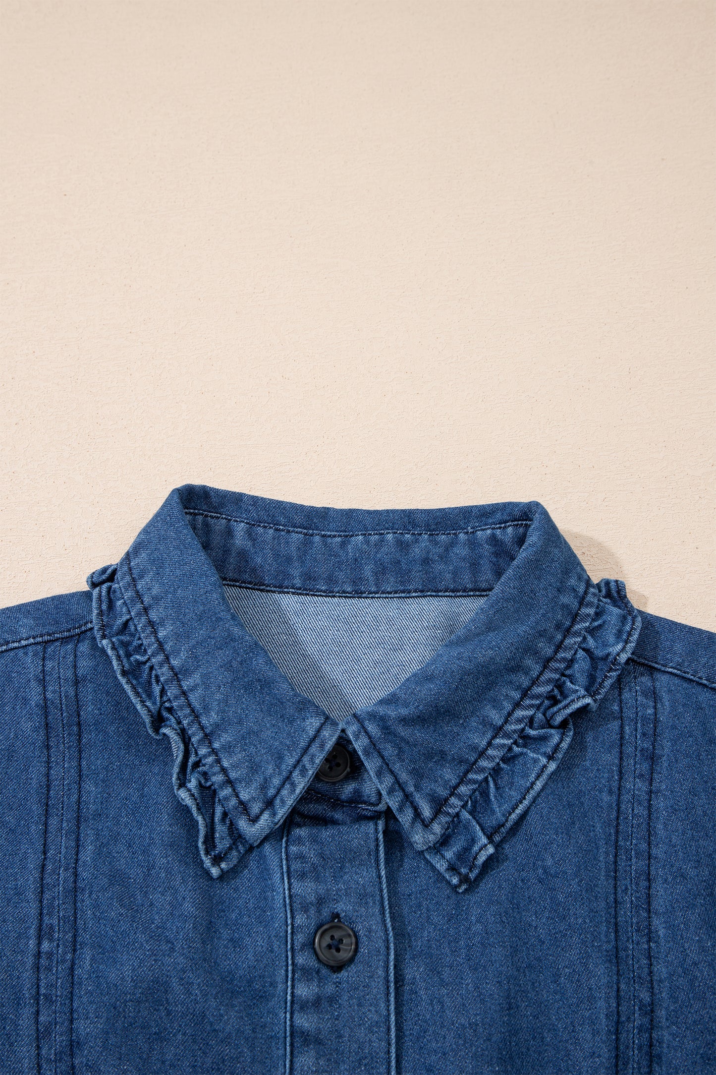 Sail Blue Ruffled Edge Collared Shift Denim Dress with Pockets