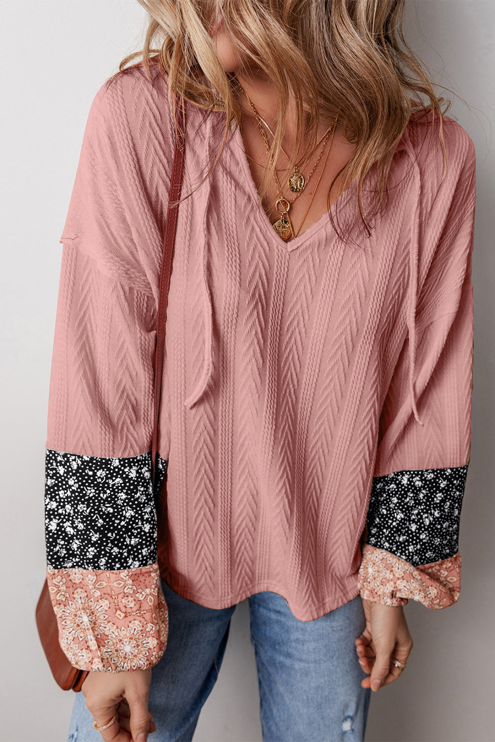 White Floral Patchwork Textured Knit Drawstring V Neck Blouse