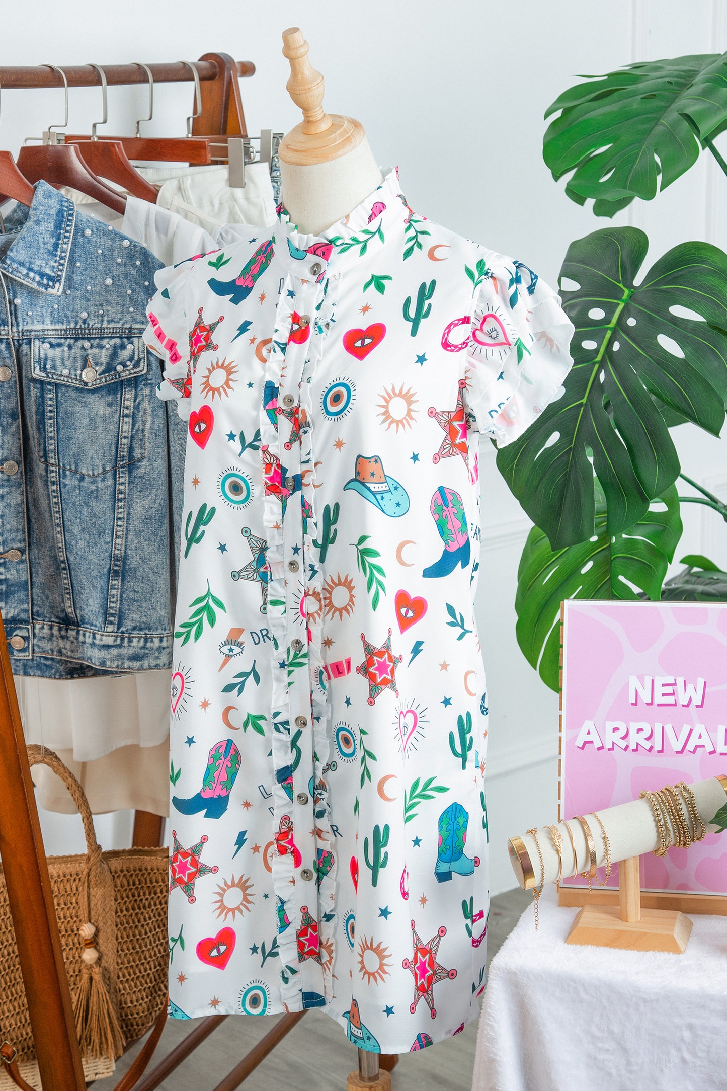 White Western Print Flutter Sleeve Button Down Mini Dress