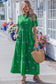 White Floral Print Split Neck Shirred High Waist Ruffle Hem Maxi Dress