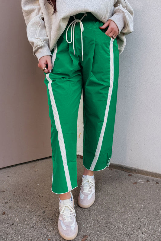Bright Green Contrast Striped Smocked Waist Drawstring Cropped Casual Pants