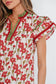 Pink Floral Print Contrast Trim V Neck Double Ruffled Short Sleeve Blouse