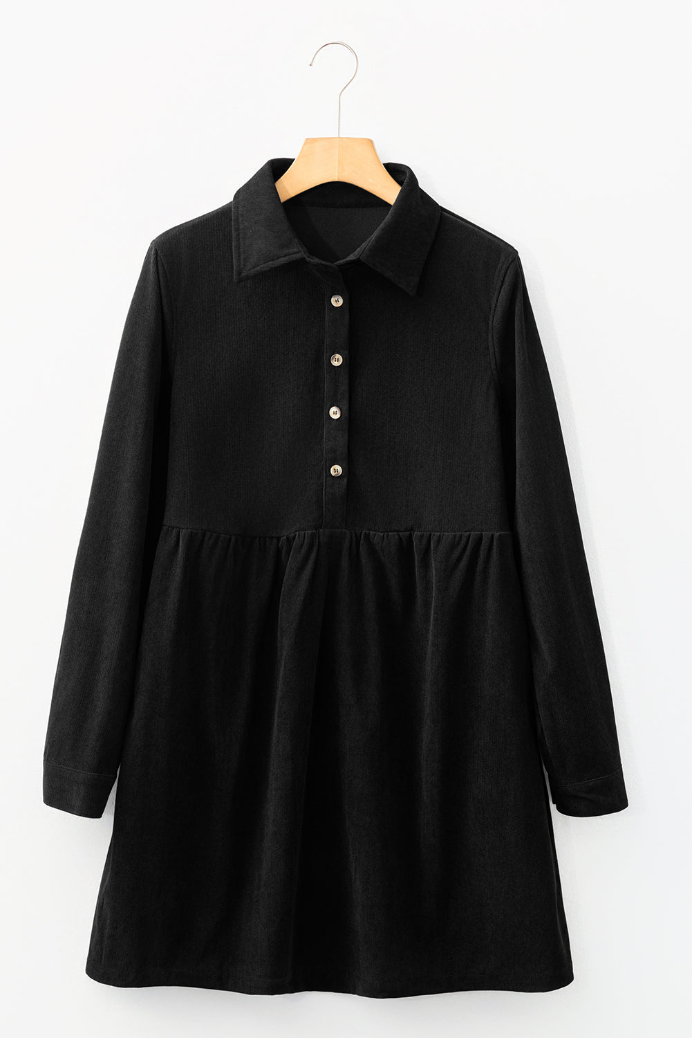 Vineyard Green Corduroy Half Button Collared Long Sleeve Mini Dress