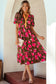 Green Floral Print Striped Trim Split Neck Short Puff Sleeve Ruffle Hem Maxi Dress
