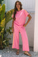 Bonbon Color Contrast Crewneck T Shirt and Wide Leg High Waist Pants Set