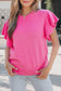 Beau Blue Solid Color Ribbed Trim Round Neck Ruffle Short Sleeve Sweater