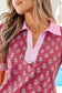 Red Contrast Collared V Neck Ricrac Trim Short Puff Sleeve Flower Blouse