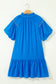 Blue Flower Embroidered Split Neck Short Puff Sleeve Ruffle Hem Dress
