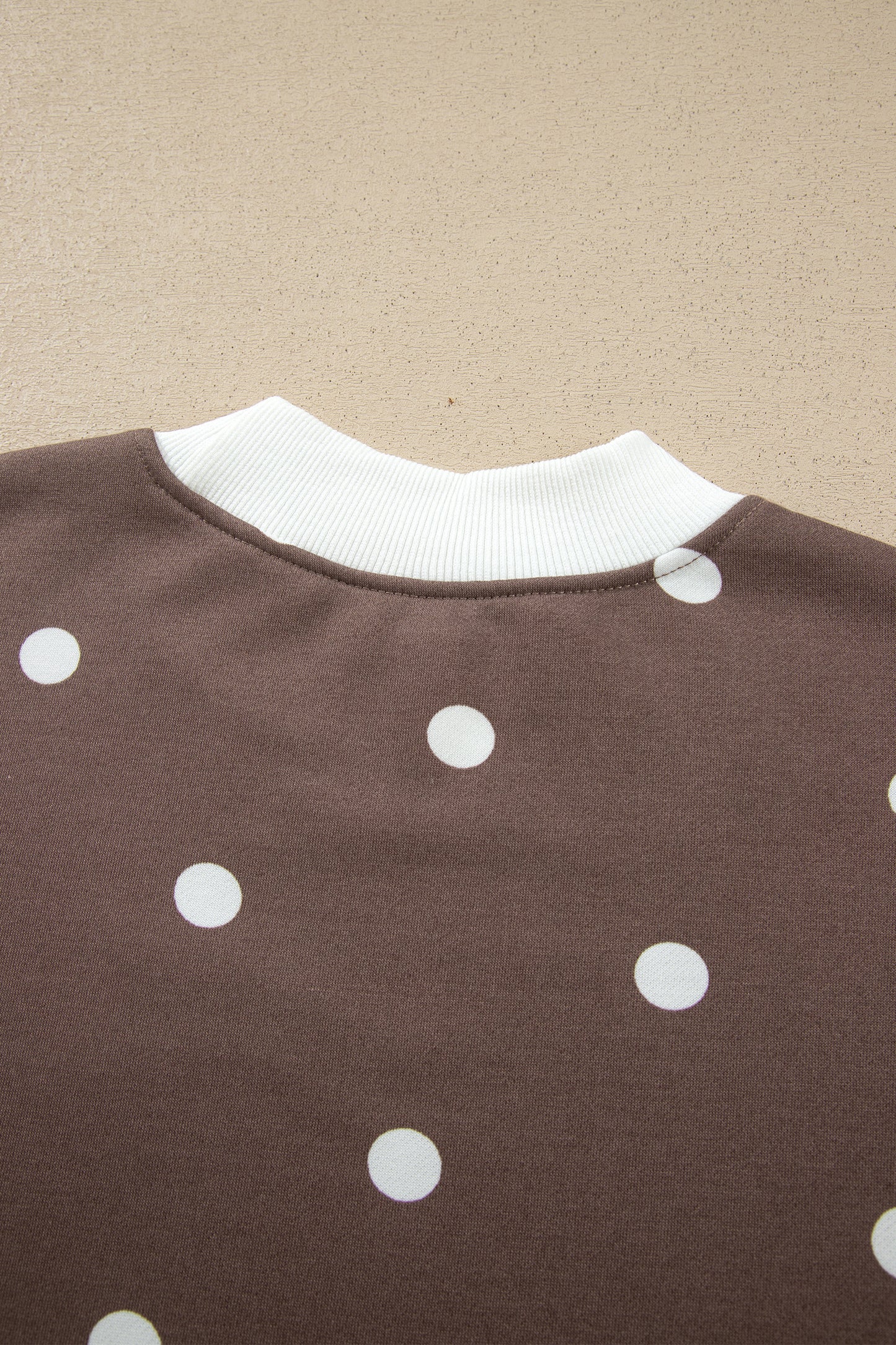 Brown Polka Dot Ribbed Trim Long Sleeve Top Casual Short Set