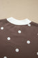 Brown Polka Dot Ribbed Trim Long Sleeve Top Casual Short Set