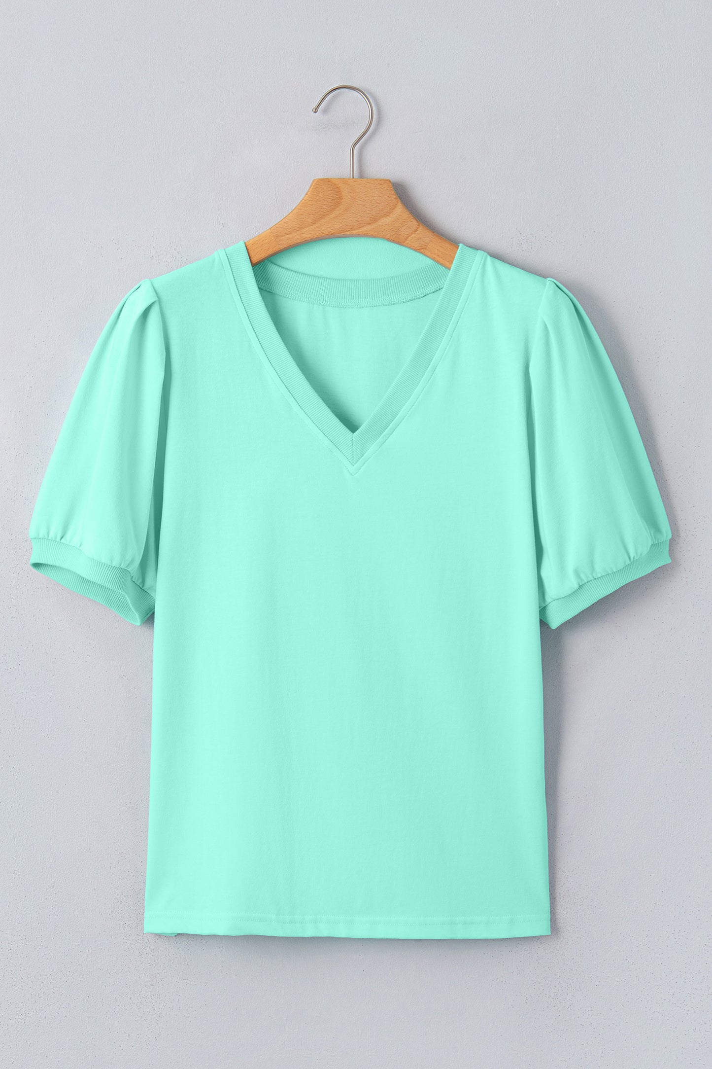 Bonbon Solid Color V Neck Short Puff Sleeve Blouse