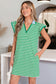 Green Stripe Print Contrast Collar Split Neck Flutter Sleeve Short Dress