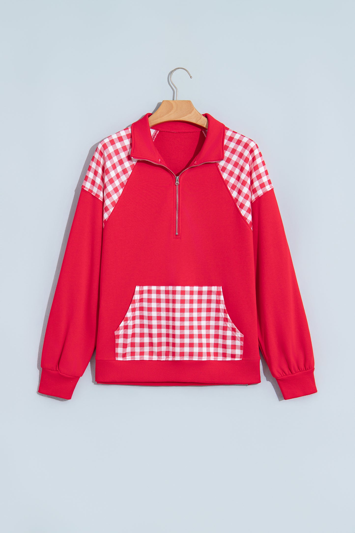Navy Blue Patchwork Plaid Pocket Quarter Zip Sweatshirt