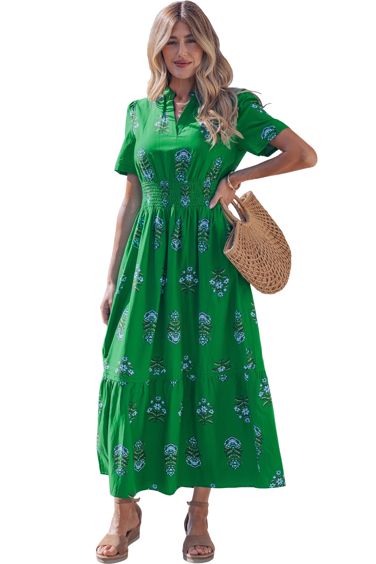 White Floral Print Split Neck Shirred High Waist Ruffle Hem Maxi Dress