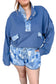 Blue Floral Patchwork V-Neck Long Sleeve Short Bottoms Plus Size Set