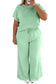 Mist Blue Solid Color Ribbed Trim Short Sleeve Top Drawstring Loose Pants 2pcs Outfit