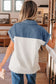 Black Color Block Denim Patchwork Button Polo Collar Short Sleeve Top