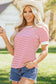 Red Stripe Contrast Trim Round Neck Short Puff Sleeve T Shirt