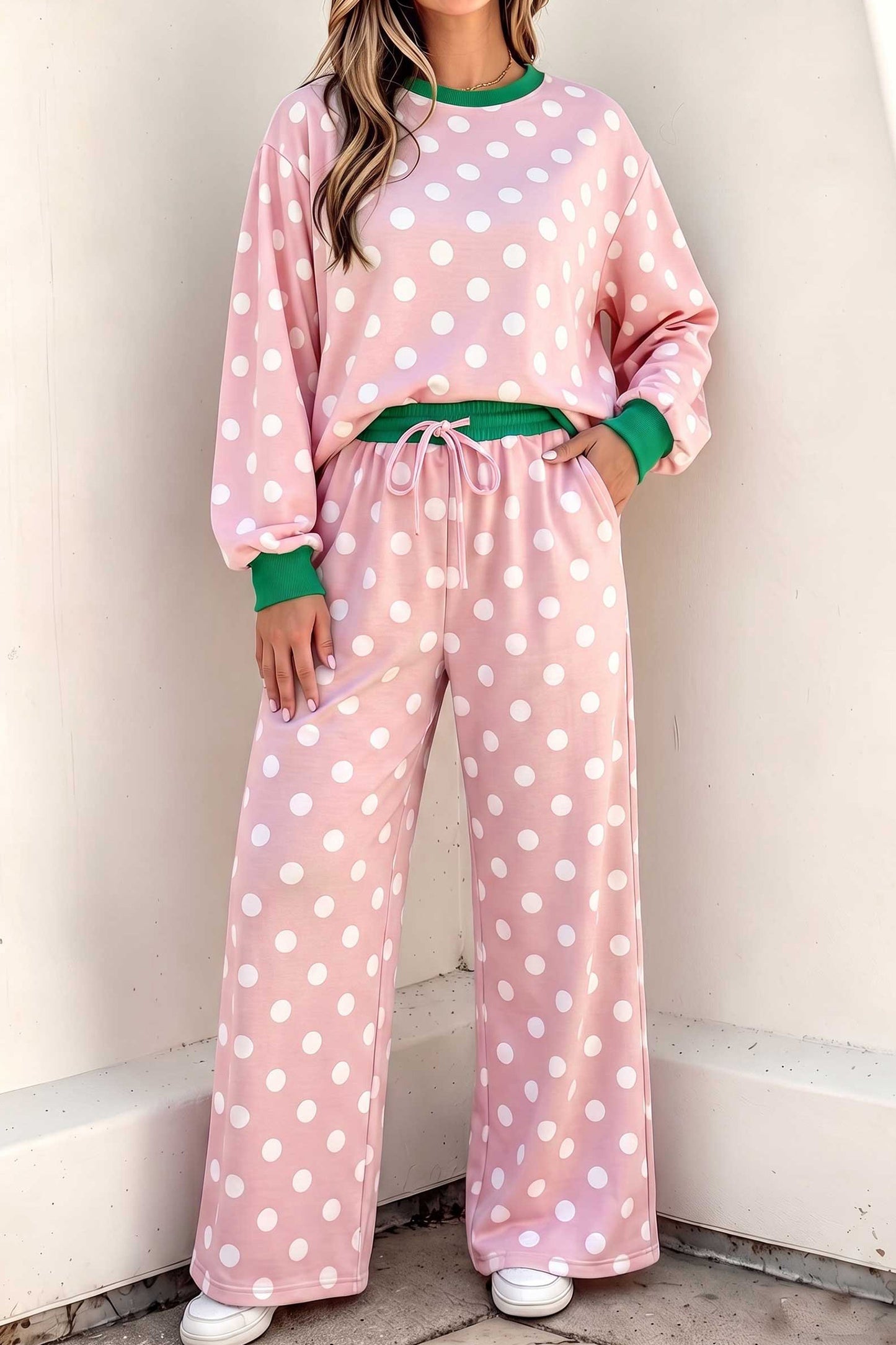 Sky Blue Polka Dot Contrast Trim Long Sleeve Top Drawstring Shift Pants Set