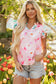 Multicolour Contrast Floral Patchwork Notched Neck Flutter Sleeve Blouse