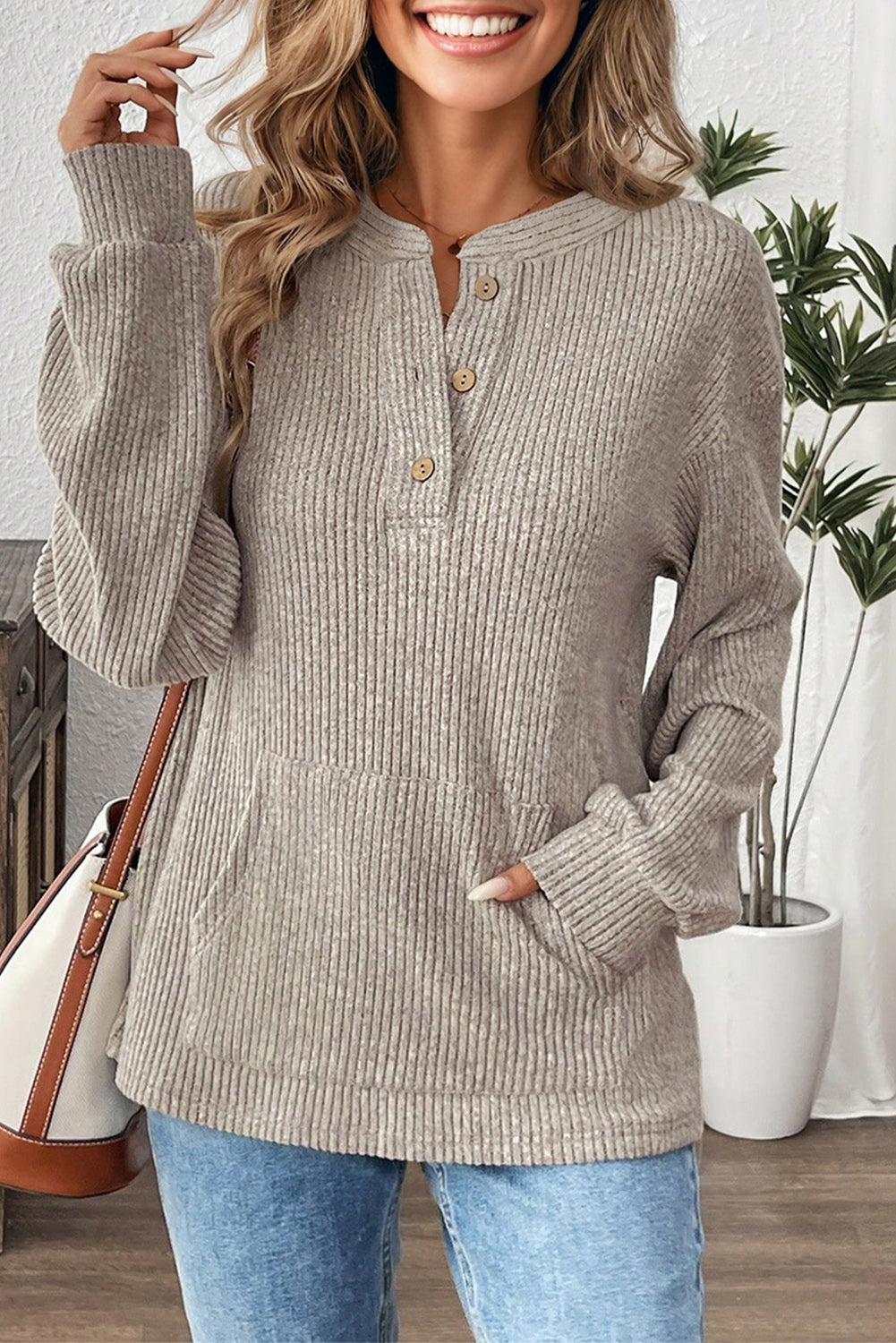 Clearly Aqua Ribbed Texture Drop Shoulder Henley Knit Top