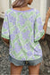 Sky Blue Floral Print Ruffled Color Block Trim Half Sleeve Blouse
