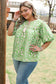 Green Plus Size Floral Tassel Tie Split Neck Puff Sleeve Blouse