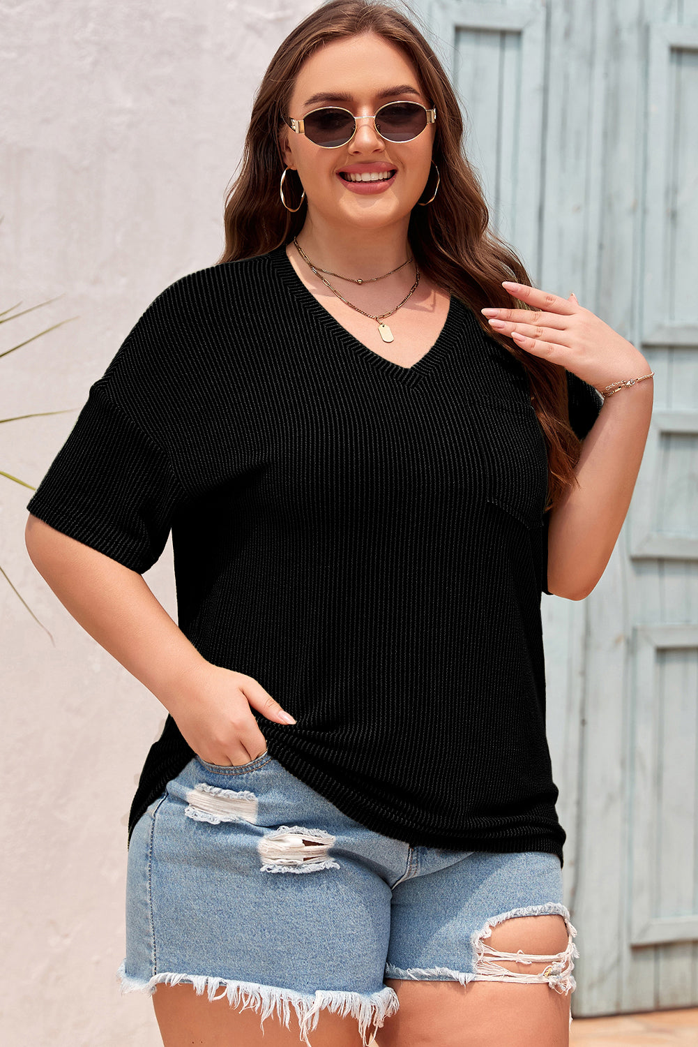 Light Grey Textured V-Neck Dropped Shoulder Plus T-Shirt