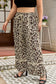 Khaki Exposed Seam Patched Pocket Plus Size Drawstring Leopard Wide Leg Pants