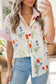 Beige Floral Striped Patchwork Ruffled Collar Short Sleeve Shirt