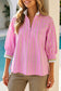 Pink Stripe Striped V-Neck Half Sleeve Zipper Ribbed Cuff Casual Shift Blouse