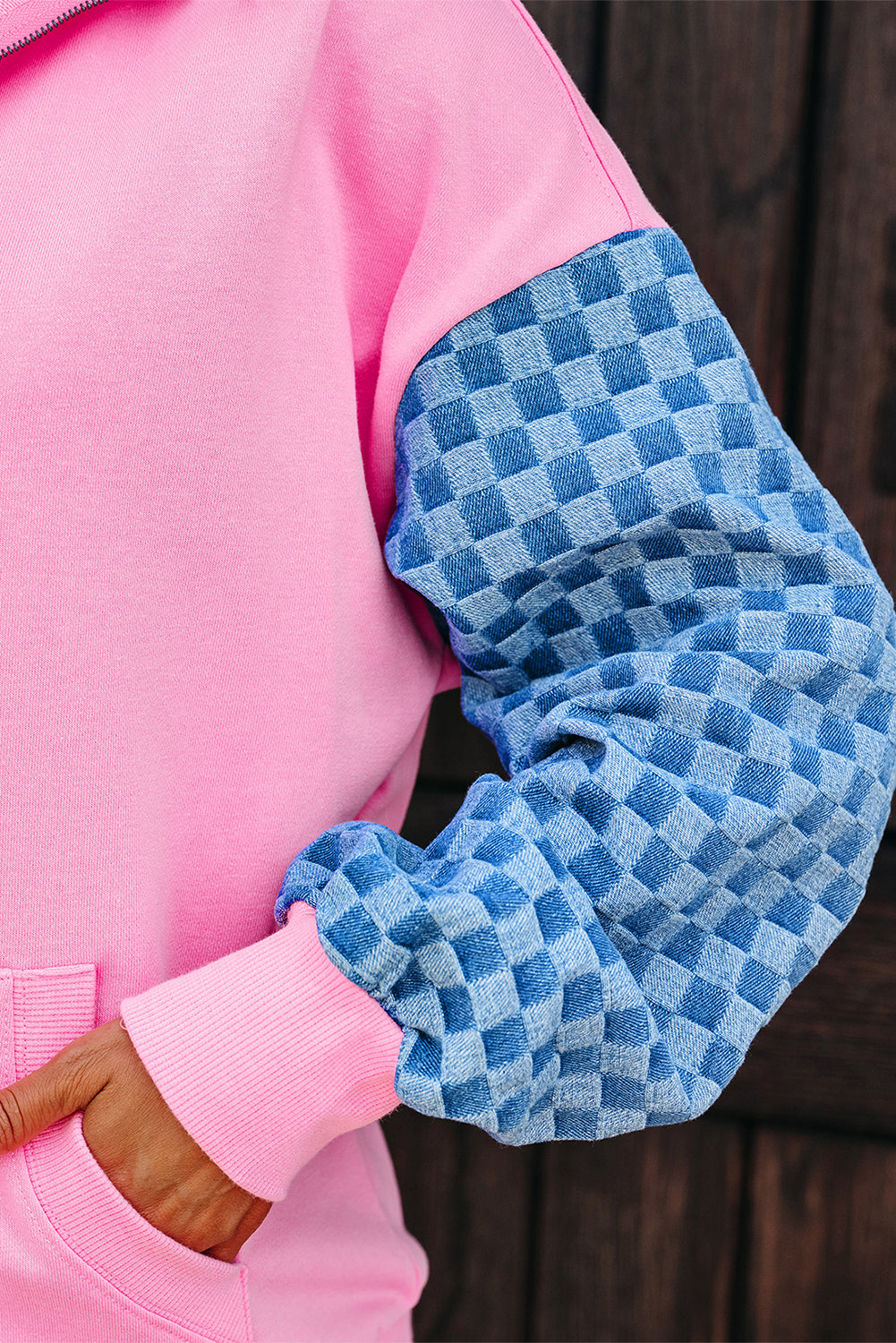 Parchment Checkered Patchwork Kangaroo Pocket Half Zipper Hoodie